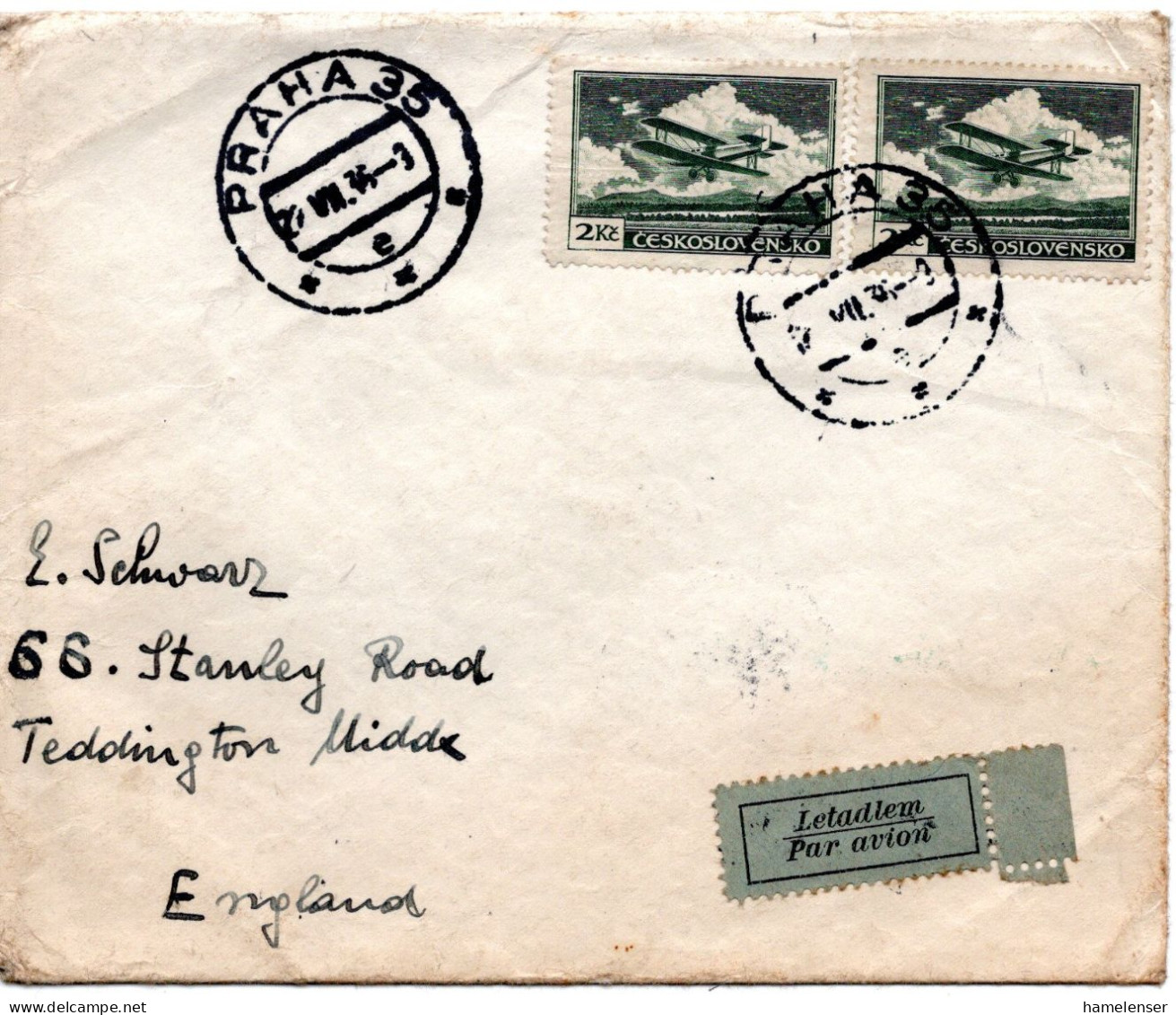 67998 - Tschechoslowakei - 1936 - 2Kc Luftpost A LpBf PRAHA -> Grossbritannien - Storia Postale