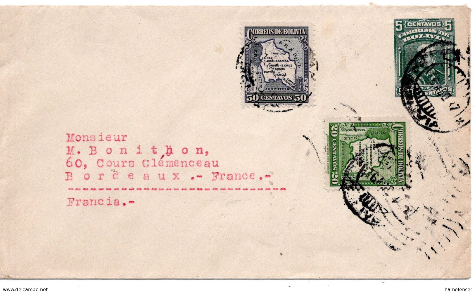 67999 - Bolivien - 1937 - 5c GAUmschlag M ZusFrankatur LA PAZ -> BORDEAUX (Frankreich) - Bolivie