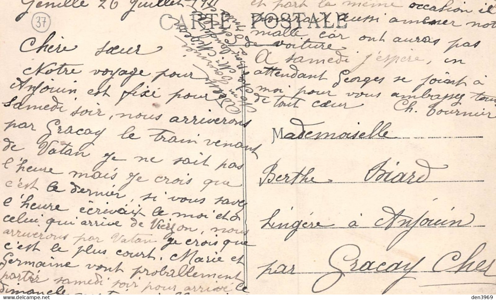 GENILLE (Indre-et-Loire) - Avenue De La Gare - Ecrit 1911 (2 Scans) Berthe Biard, Lingère à Anjouin Cher 18 - Genillé