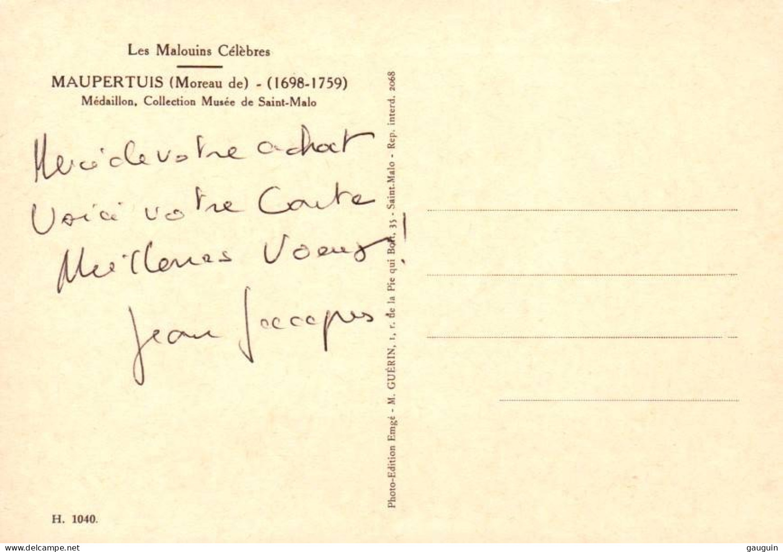 CPSM - Musée St MALO - Médaillon MOREAU De MAUPERTUIS - Mathématicien Et Philosophe - Edition M.Guérin - Ecrivains