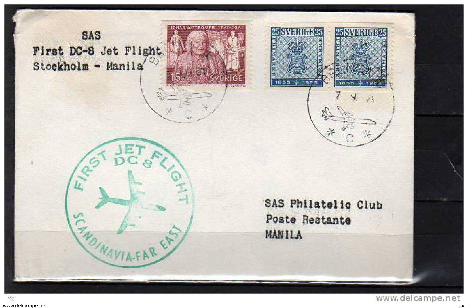 Première Liaison Aeriènne . Stockholm -Manila Le 07/09/1961, - Covers & Documents