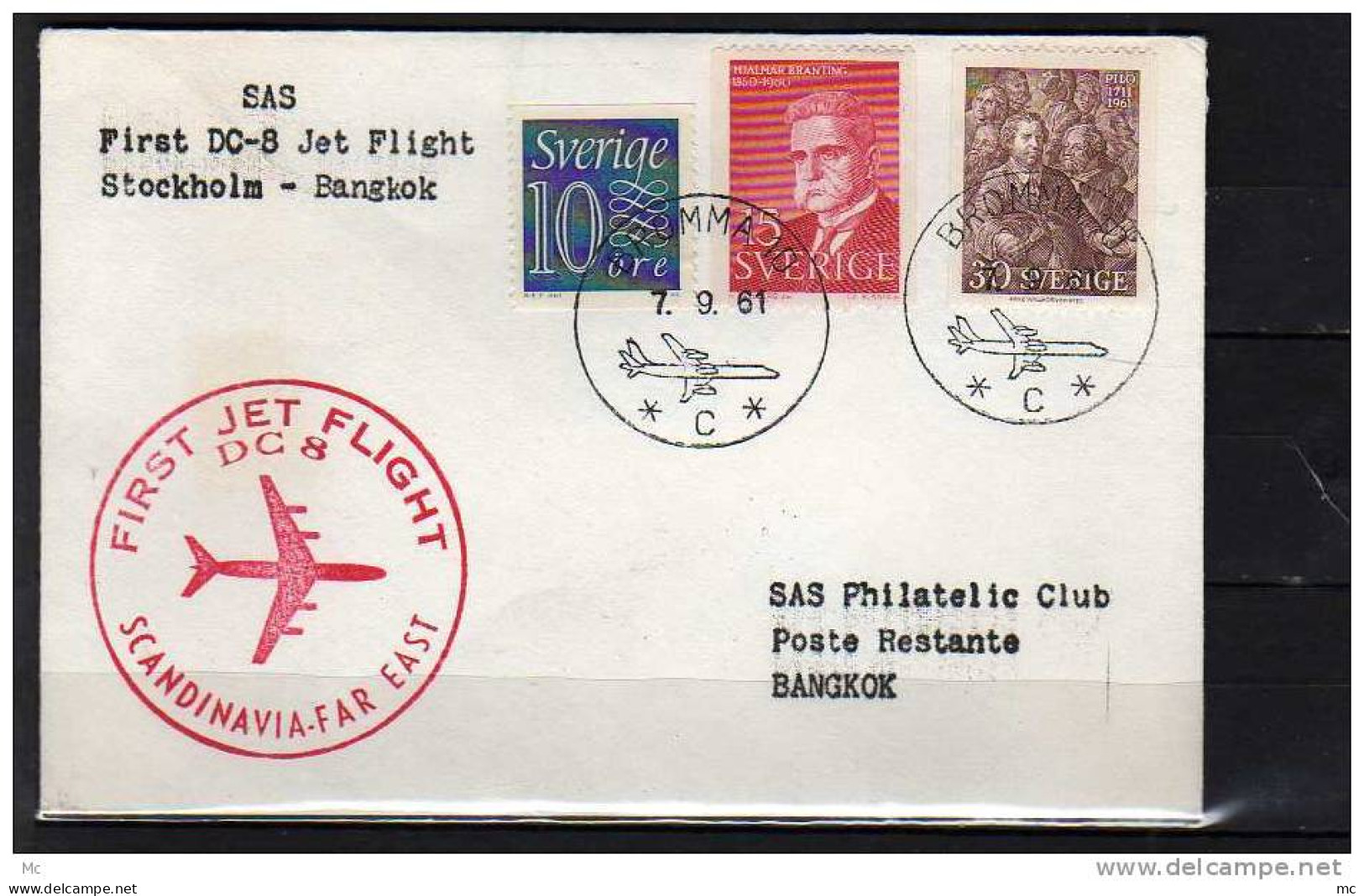 Première Liaison Aeriènne . Stockholm - Bangkok Le 07/09/1961, - Covers & Documents