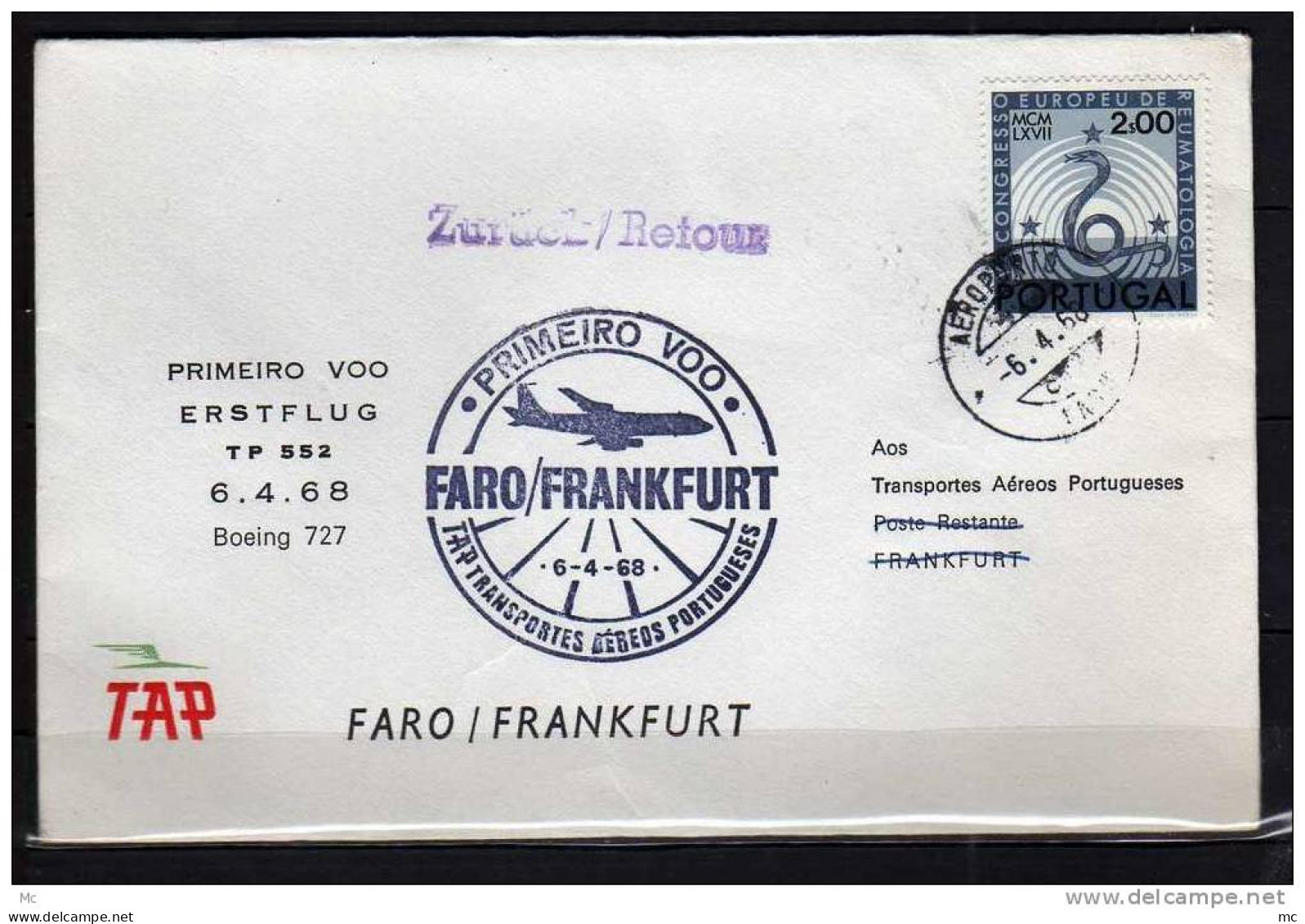 Première Liaison Aerienne . Faro - Frankfurt Le 06/04/1968  ,TAP - Lettres & Documents