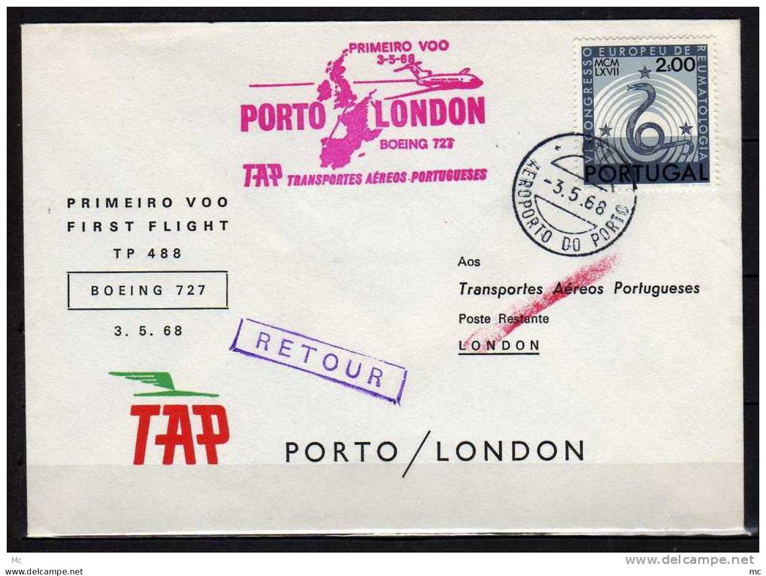 Première Liaison Aerienne . Porto - London  Le 03/05/1968  ,TAP - Covers & Documents