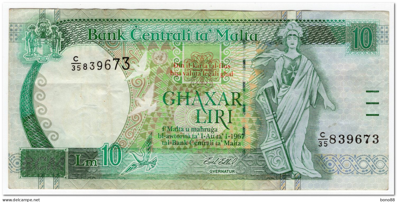 MALTA,10 LIRI,L.1967,(1994) P.47b,F-VF - Malte