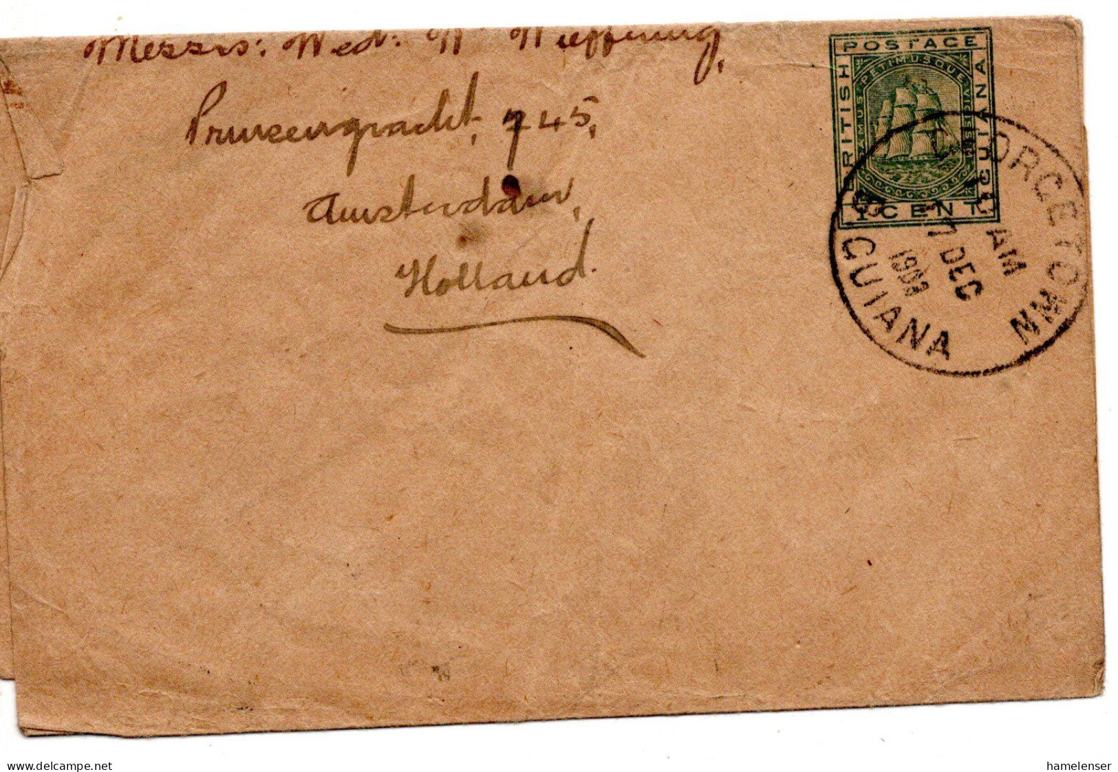 68000 - Britisch-Guyana - 1903 - 1c Schiff GAStreifband GEORGETOWN -> AMSTERDAM (Niederlande) - Guyane Britannique (...-1966)