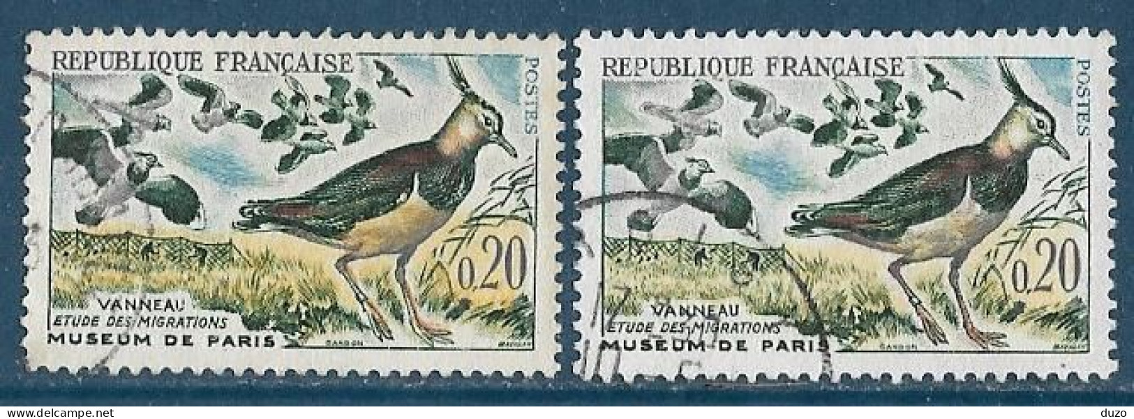 France 1960 - Variété -    Oiseaux Vanneaux Y&T N° 1273 Oblitérés 1 Exemplaire Jaune Normal + 1 Très Pale - Used Stamps