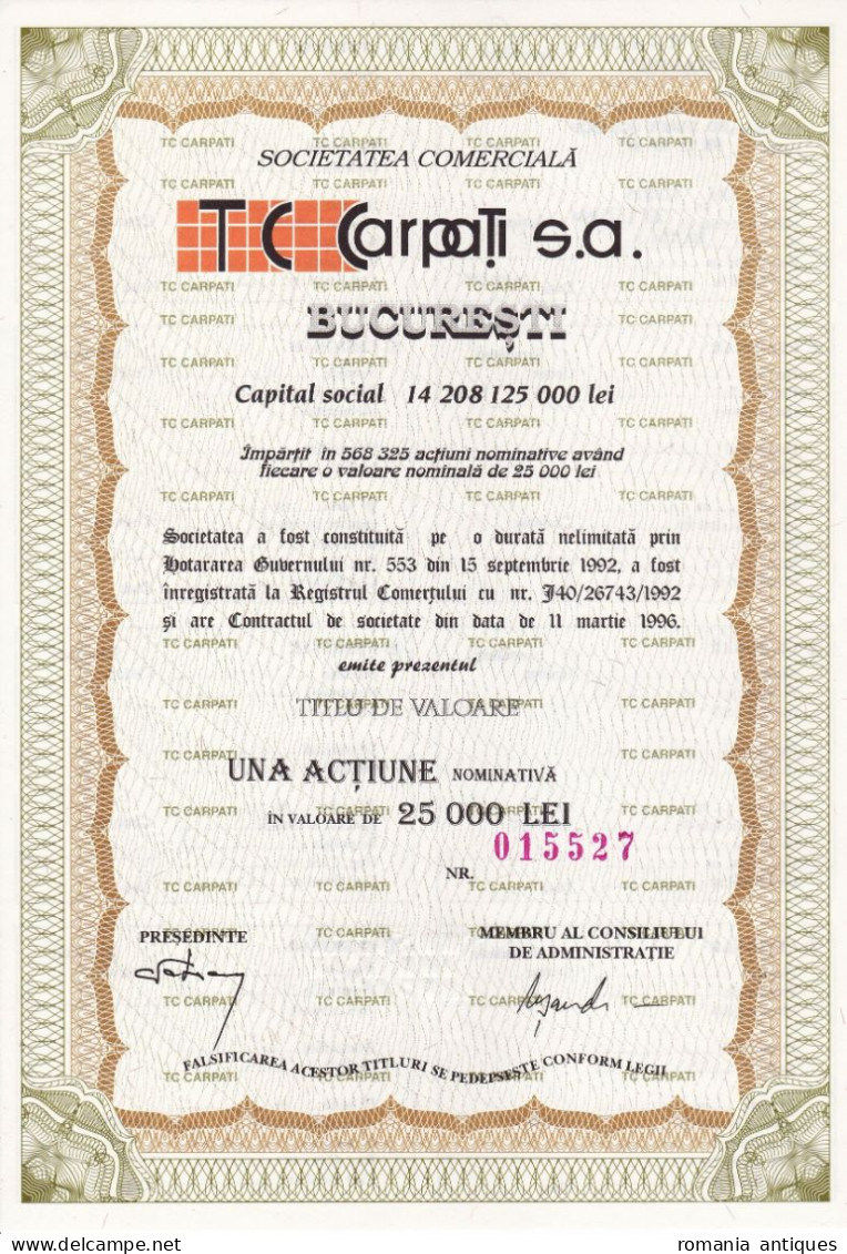 Romania, 1997, TC Carpati Company - Vintage Bond Certificate, 25000 Lei - S - V