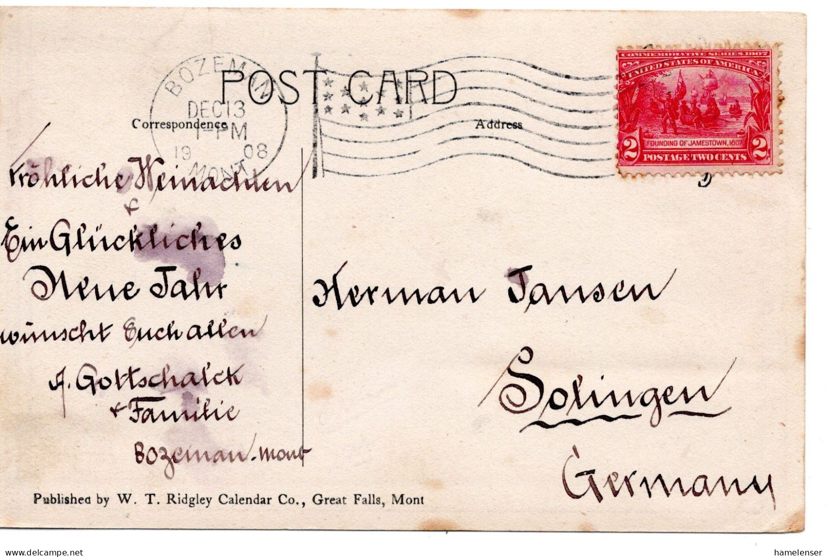 68008 - USA - 1908 - 2¢ Jamestown EF A AnsKte BOZEMAN MONT -> Deutschland - Cartas & Documentos