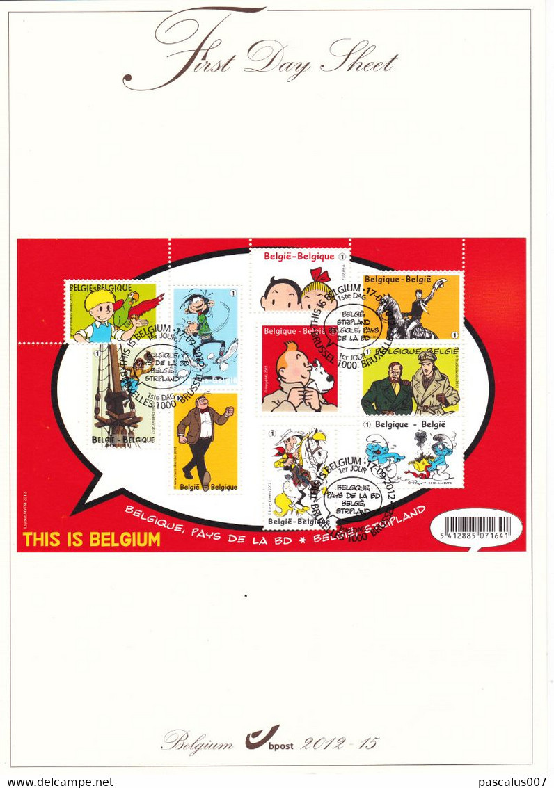 4258 4267 FDS 2012-15 First Day Sheet BD Tintin Et Milou Hergé This Is Belgium 17-9-2012 Bruxelles 1000 Brussel - 2011-2020