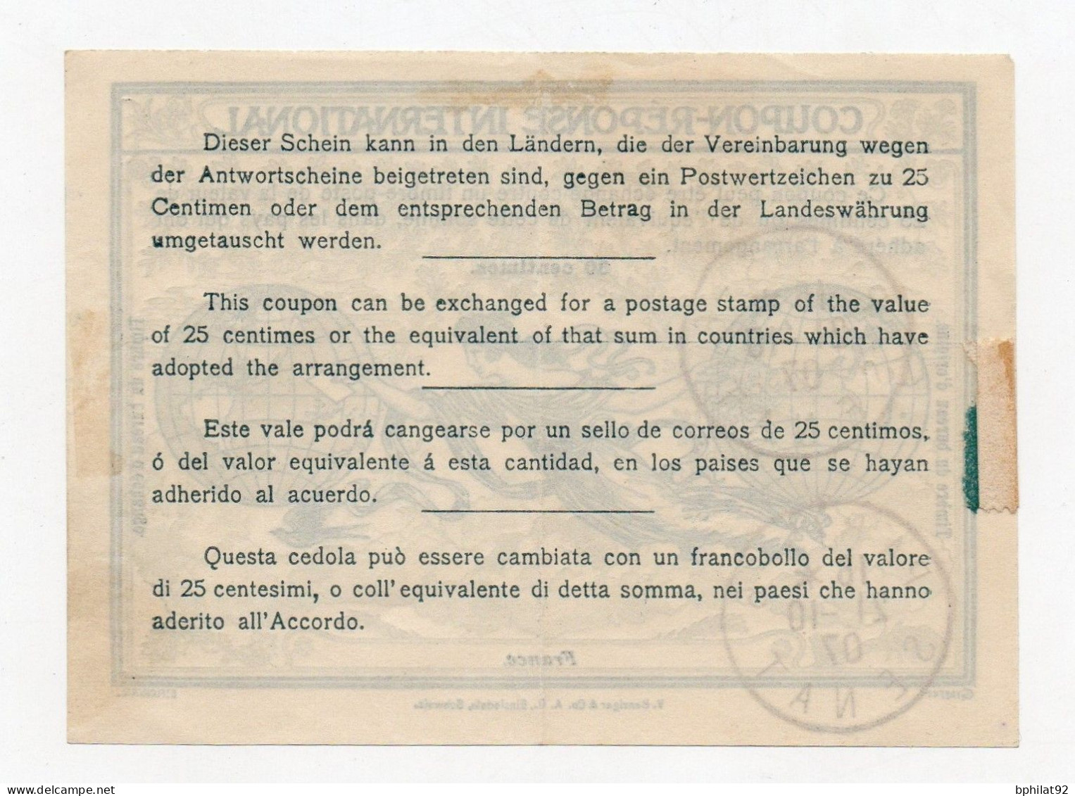 !!! COUPON REPONSE INTERNATIONAL OBLIT PARIS - SENAT DU 21/10/1907 (CREES LE 1/10/1907) - Antwoordbons