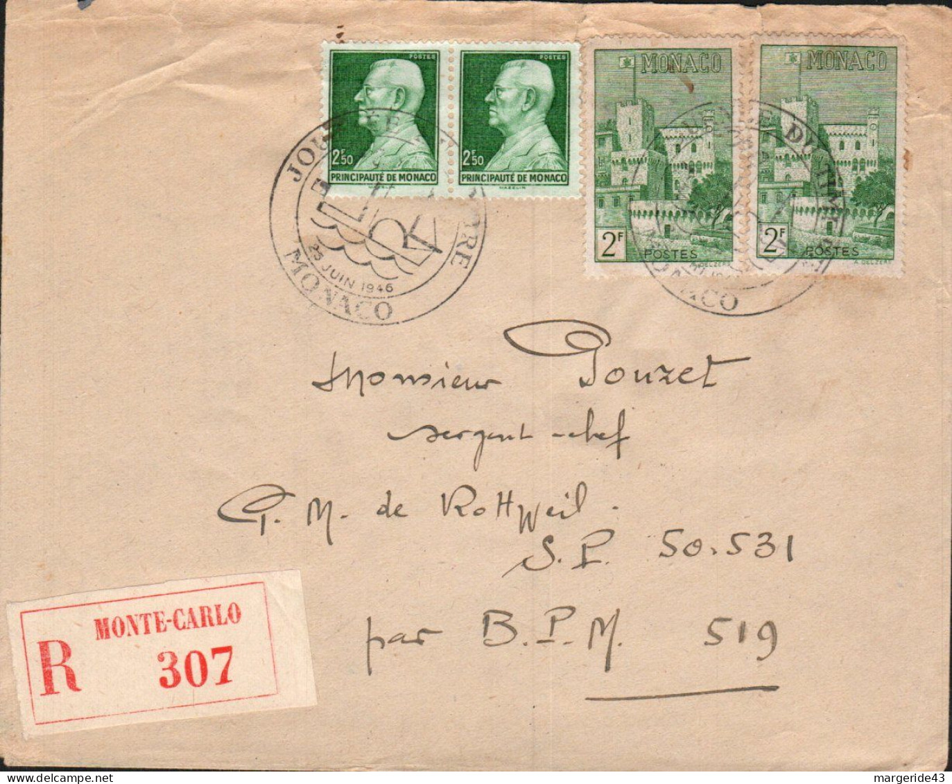 MONACO  AFFRANCHISSEMENT COMPOSE SUR LETTRE LETTRE RECOMMANDEE 1946 - Storia Postale