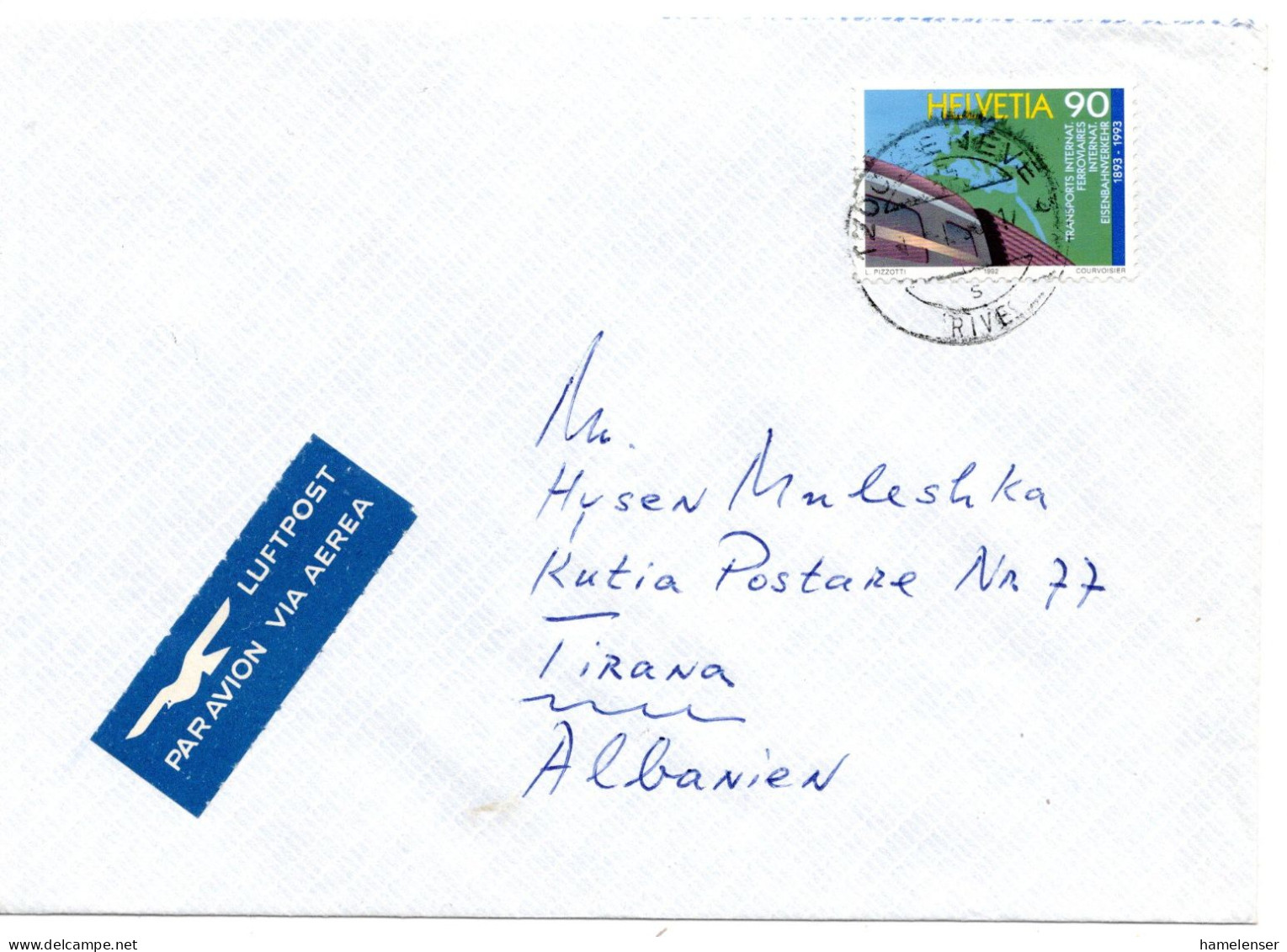 68019 - Schweiz - 1993 - 90Rp Eisenbahnverkehr EF A LpBf GENEVE -> TIRANE (Albanien) - Covers & Documents