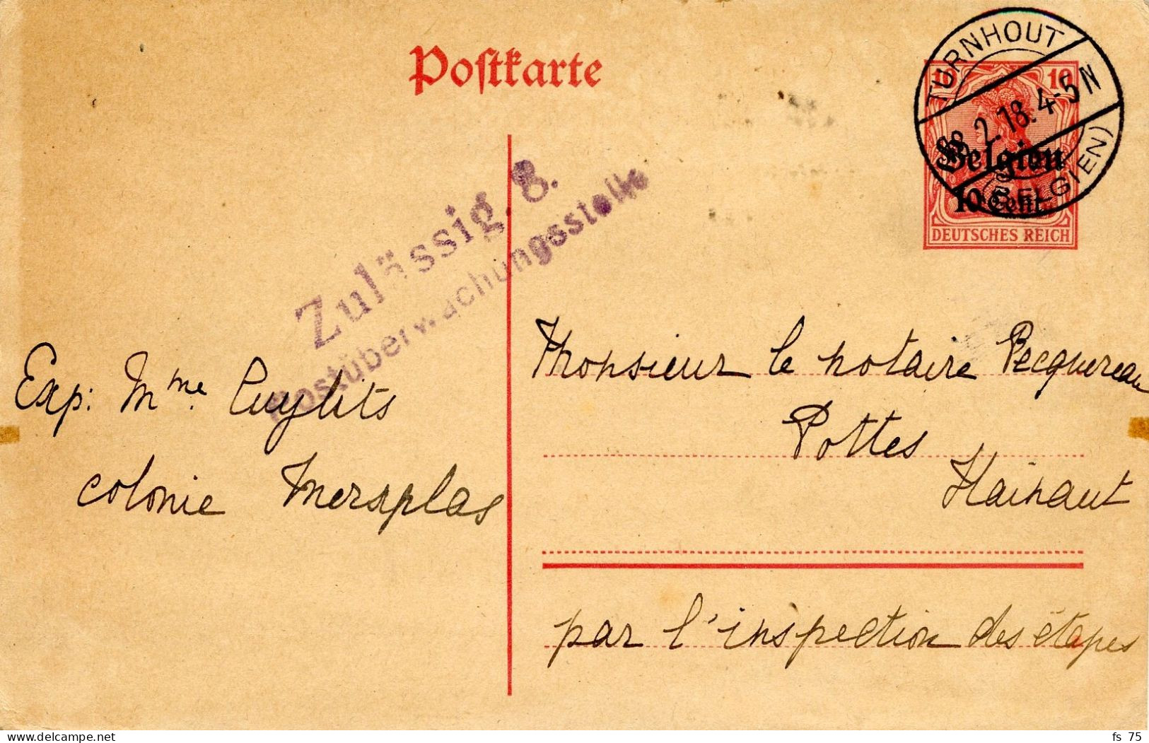 BELGIQUE - ENTIER 10C ROUGE OCCUPATION TURNHOUT + CENSURE, 1918 - Duits Leger