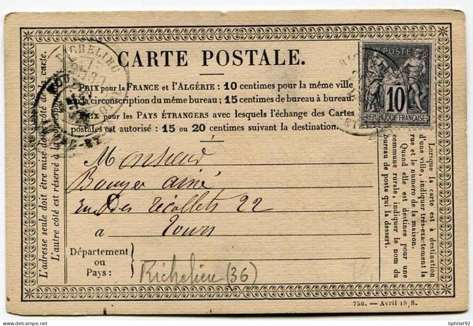 !!! CARTE PRECURSEUR TYPE SAGE CACHET DE RICHELIEU ( INDRE ET LOIRE ) 1878 - Cartes Précurseurs