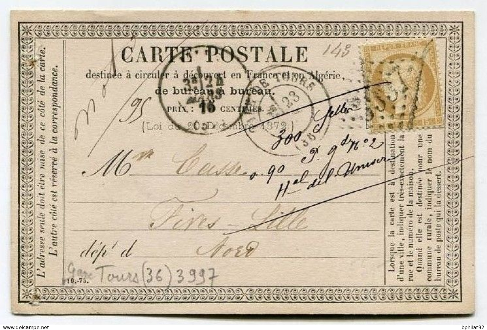 !!! CARTE PRECURSEUR CERES CACHET GARE DE TOURS ( INDRE ET LOIRE ) 1876 - Cartes Précurseurs