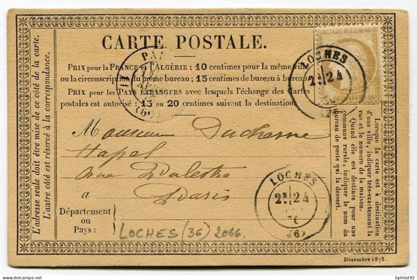 !!! CARTE PRECURSEUR CERES CACHET DE LOCHES ( INDRE ET LOIRE ) 1876 - Cartes Précurseurs