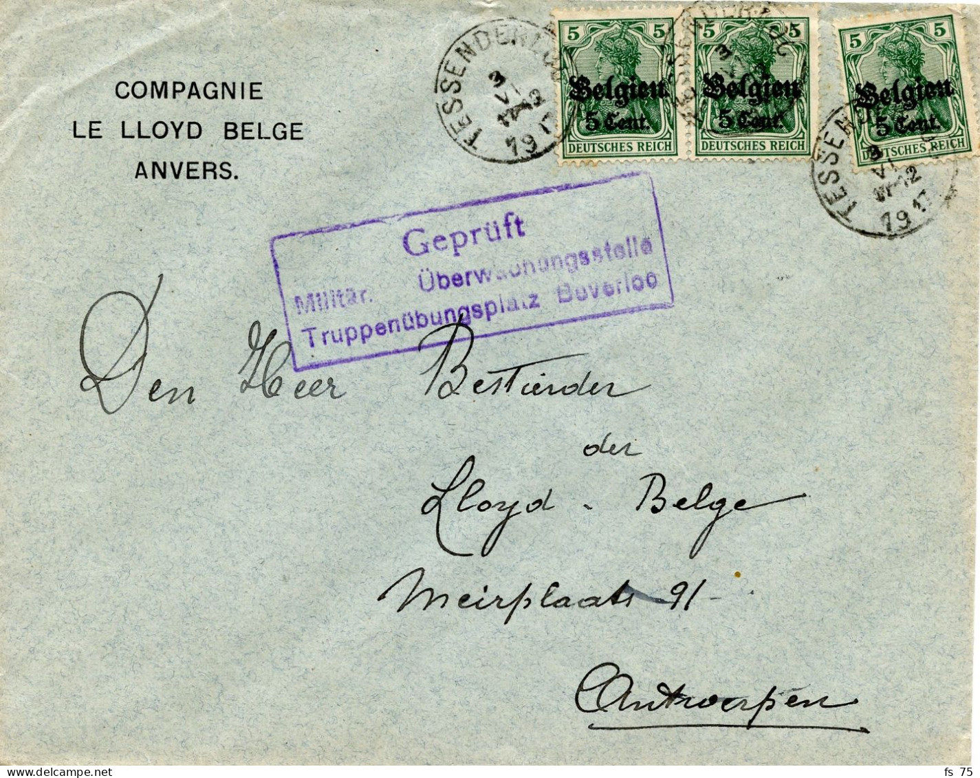 BELGIQUE - COB OC 12X3 TESSENDERLOO + GEPRUFT BEVERLOO SUR LETTRE, 1917 - Deutsche Armee