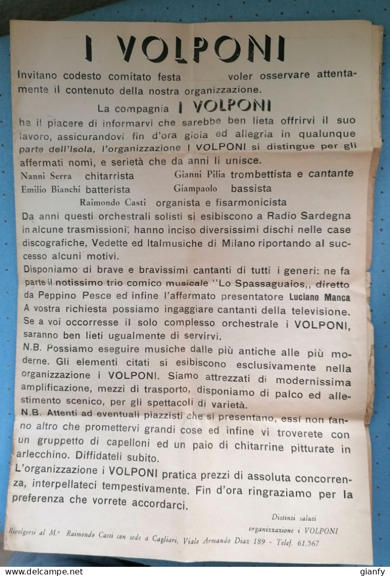 RARO MANIFESTO "ORGANIZZAZIONE I VOLPONI" 1960 CAGLIARI SARDEGNA - Plakate & Poster