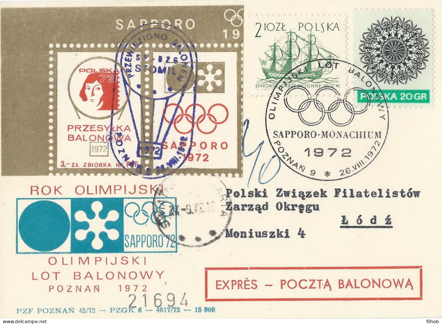 Poland Post - Balloon PBA.1972.poz.sto.B03: Sport Olympic Flight Poznan Sapporo Monachium Stomil - Balloons