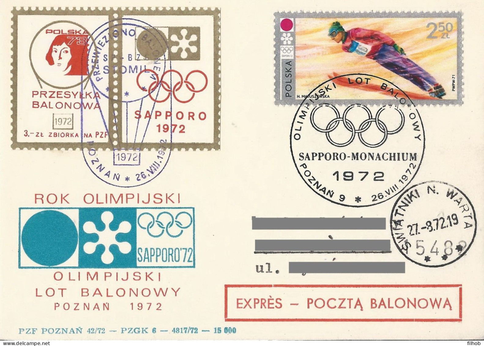 Poland Post - Balloon PBA.1972.poz.sto.B04: Sport Olympic Flight Poznan Sapporo Monachium Stomil - Globos