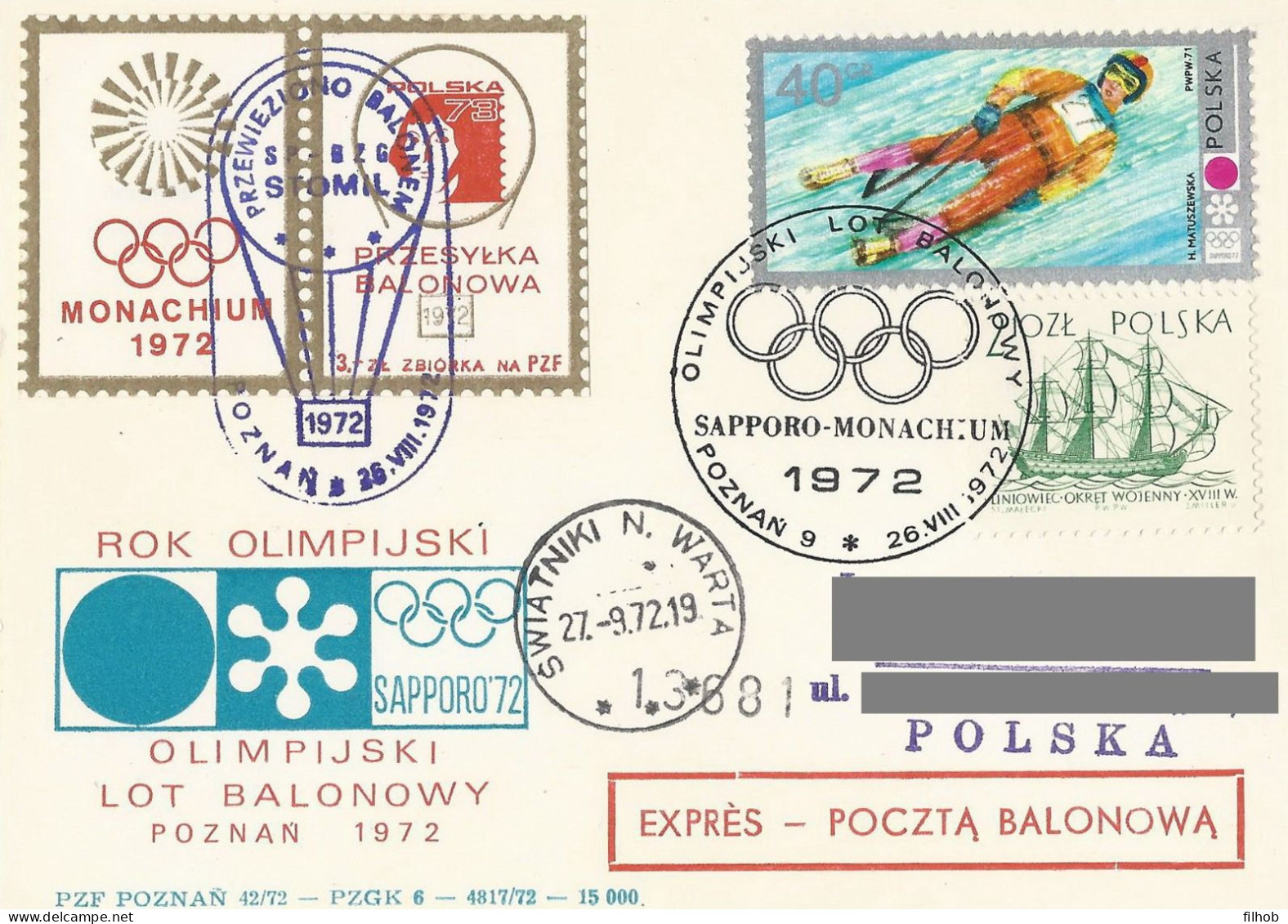 Poland Post - Balloon PBA.1972.poz.sto.C03: Sport Olympic Flight Poznan Sapporo Monachium Stomil - Ballons