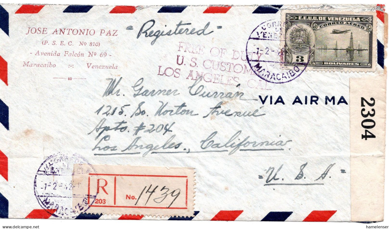 68024 - Venezuela - 1942 - 3B Luftpost EF A R-LpBf MARACAIBO -> LOS ANGELES, CA (USA), M US-Zensurstreifen - Venezuela