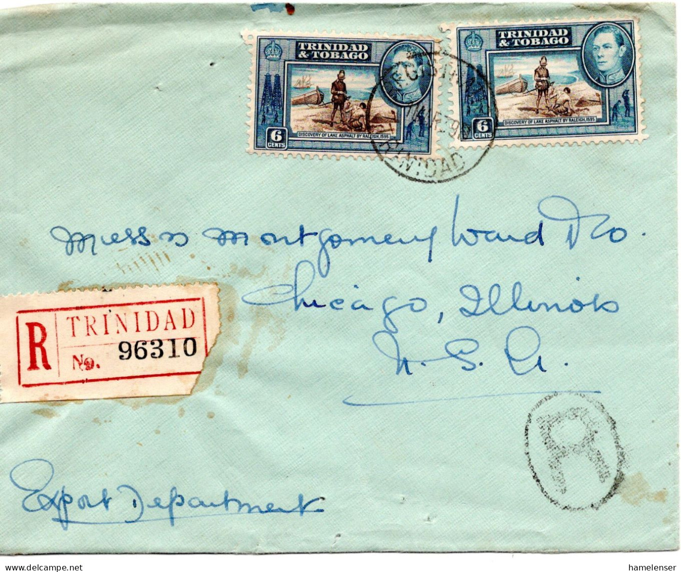 68025 - Trinidad - 1939 - 2@6c KGVI A R-Bf TRINIDAD -> NEW YORK NY -> CHICAGO, ILL (USA) - Trindad & Tobago (...-1961)