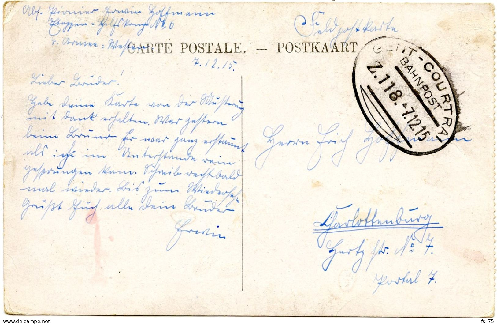 BELGIQUE - AMBULANT GENT - COURTRAI SUR CARTE POSTALE, 1915 - Ambulante Stempels