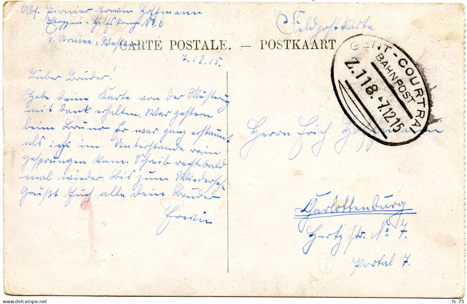 BELGIQUE - AMBULANT GENT - COURTRAI SUR CARTE POSTALE, 1915 - Bahnpoststempel