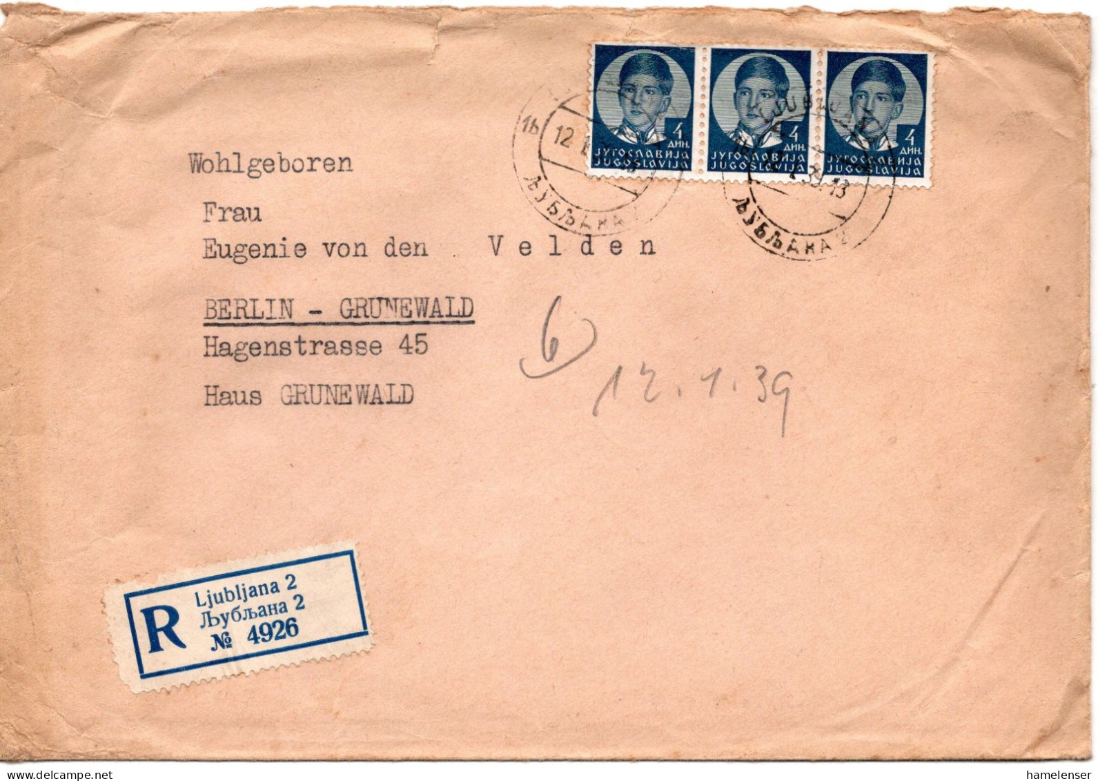68030 - Jugoslawien - 1939 - 3@4D A R-Bf LJUBLJANA -> BERLIN (Deutschland) - Lettres & Documents