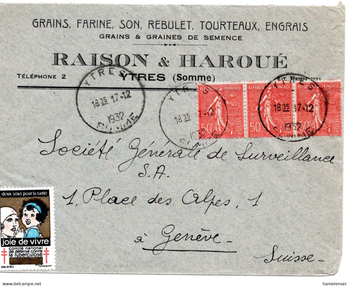 68032 - Frankreich - 1932 - 3@50c Säerin A Bf YTRES -> Schweiz, M Tbc-Spendenmarke - 1903-60 Semeuse Lignée
