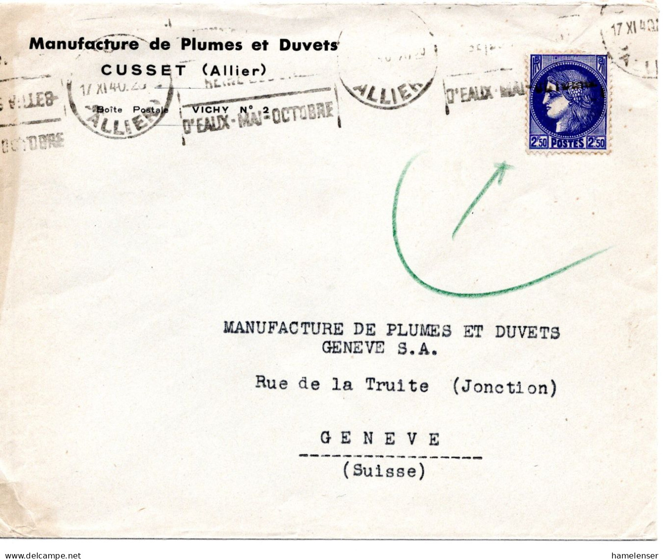 68033 - Frankreich - 1940 - 2,50F Iris EF A Bf CUSSET - ... -> Schweiz - 1939-44 Iris