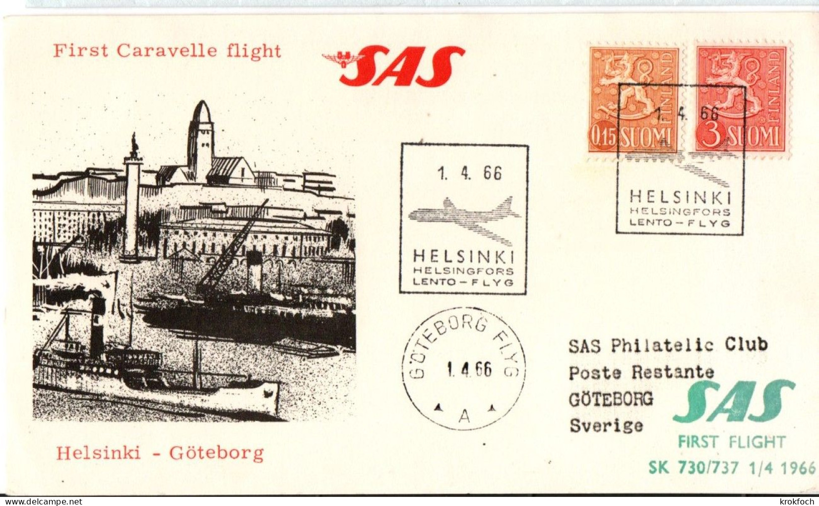 Helsinki Göteborg 1966 - 1er Vol Caravelle SAS - Erstflug Flight - Covers & Documents