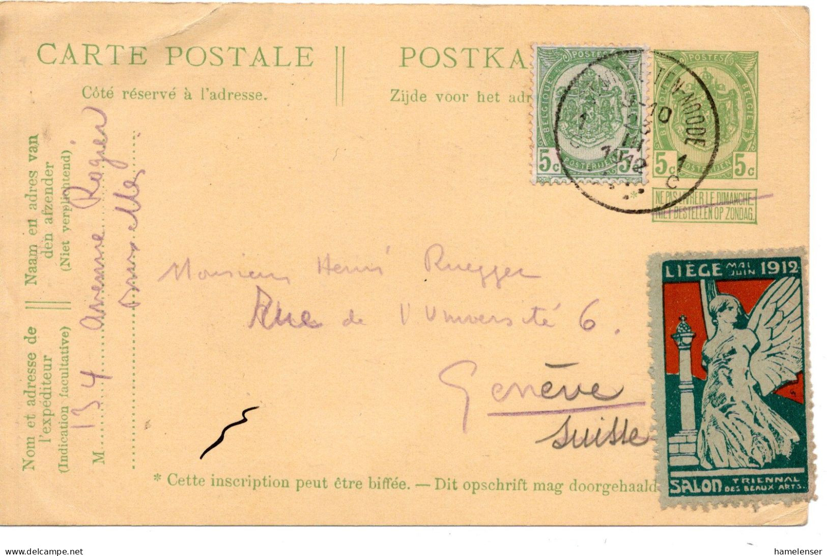 68036 - Belgien - 1912 - 5c GAKte M ZusFrankatur ...-TEN-NOODE -> Schweiz, M Aufkleber "Kunstsalon Liege 1912" - Altri & Non Classificati