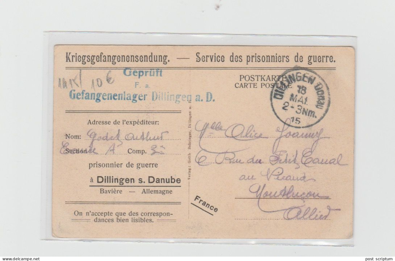 Allemagne - Dillingen Am Donau - Kriegsgefangenensendung - Service Des Prisonniers De Guerre - Dillingen