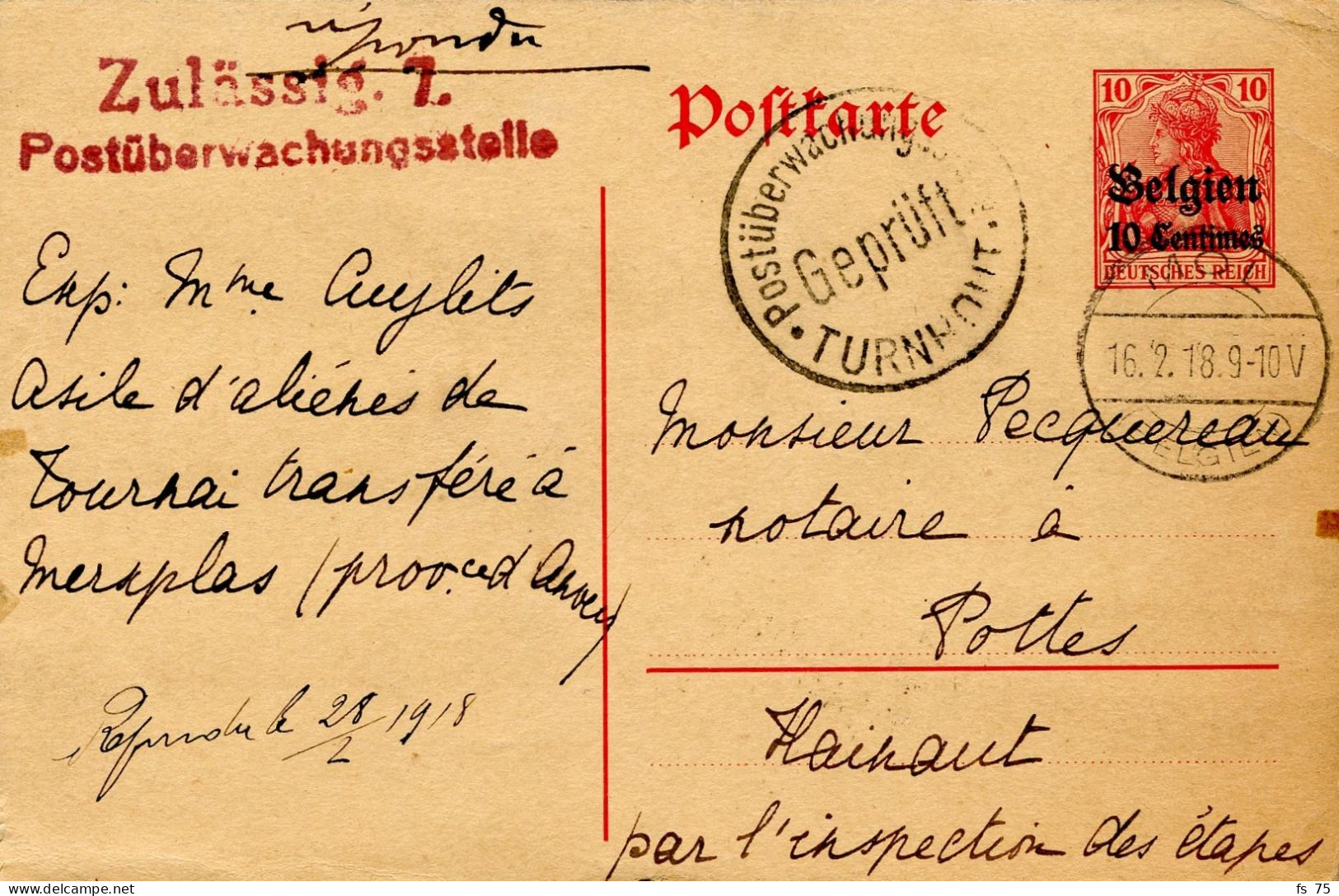 BELGIQUE - ENTIER 10 CENTIMES OCCUPATION MOL + GEPRUFT TURNHOUT, 1918 - Duits Leger