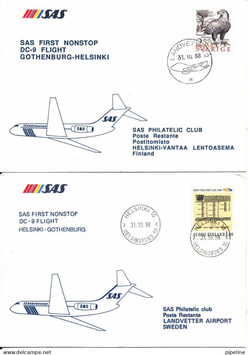 Finland - Sweden SAS First DC-9 Flight Helsinki - Gothenburg 31-10-1988 And Return 2 Covers - Covers & Documents