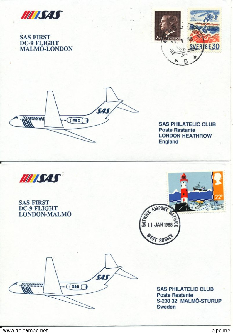 Sweden - Great Britain SAS First DC-9 Flight Malmö - London 11-1-1988 And Return 2 Covers - Storia Postale