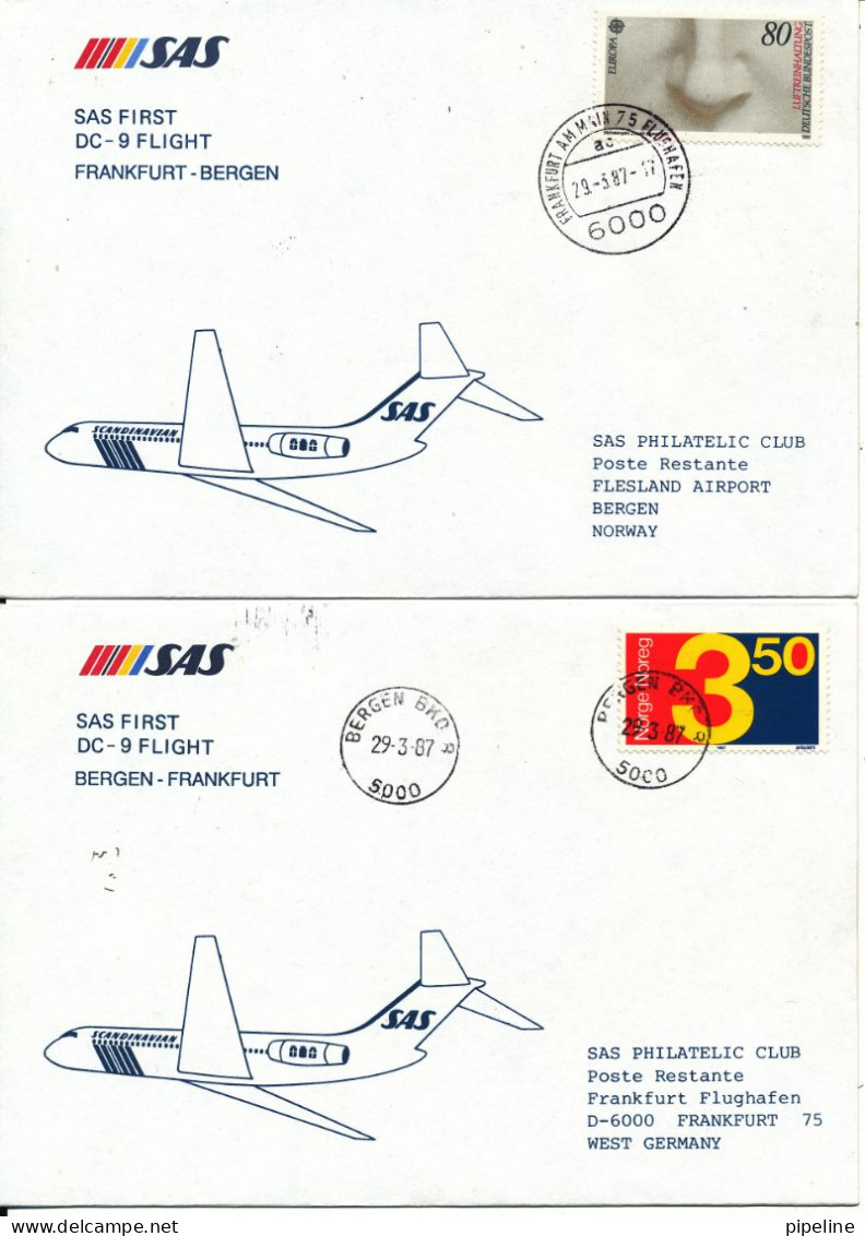 Norway - Germany SAS First DC-9 Flight Bergen - Frankfurt 29-3-1987 And Return 2 Covers - Brieven En Documenten