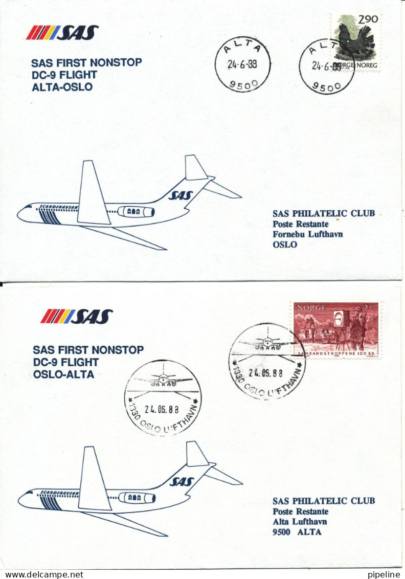 Norway SAS First DC-9 Flight Alta - Oslo 24-6-1988 And Return 2 Covers - Lettres & Documents