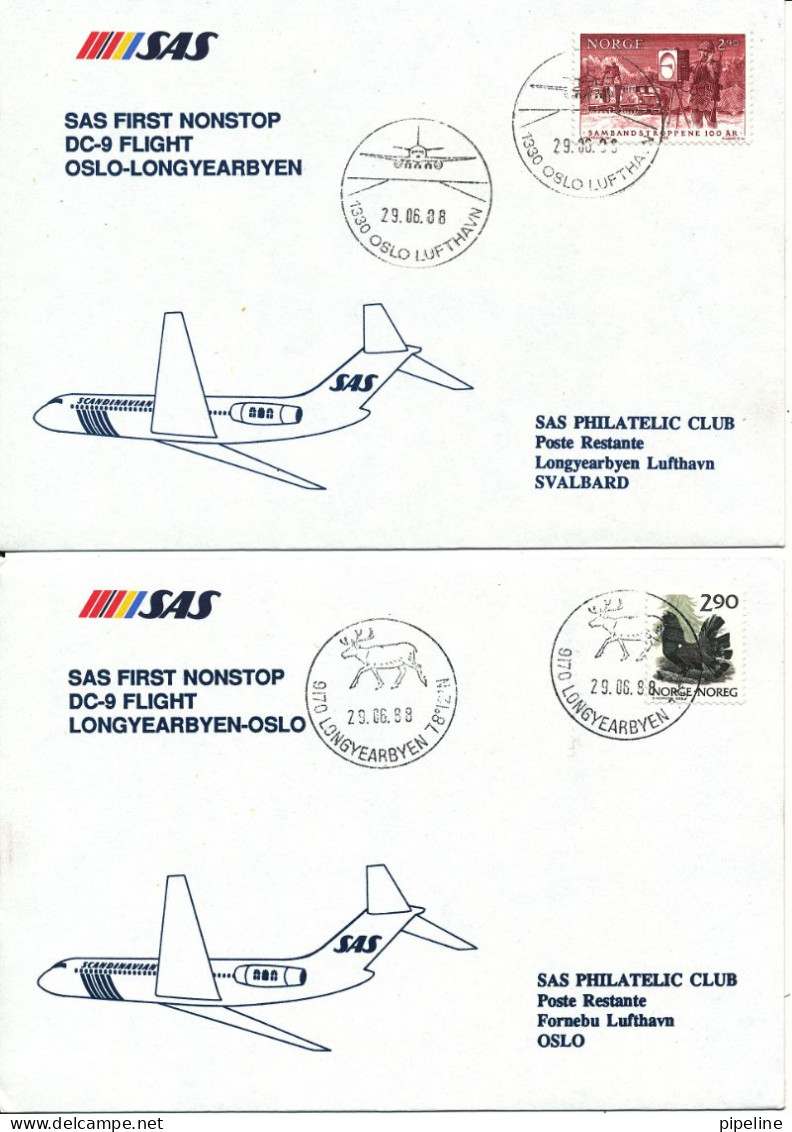 Norway SAS First DC-9 Flight Longyearbyen - Oslo 29-6-1988 And Return 2 Covers - Briefe U. Dokumente