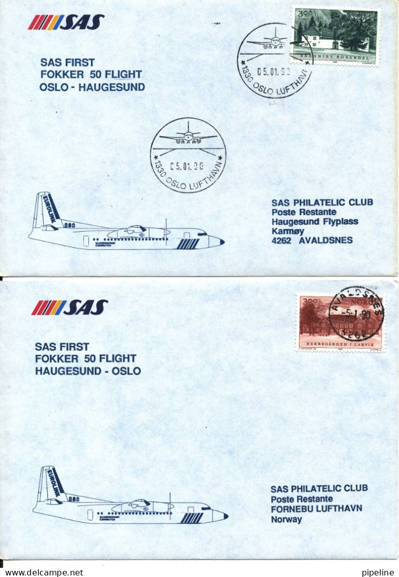 Norway SAS First Fokker 50 Flight Oslo - Haugesund 5-1-1990 And Return 2 Covers - Covers & Documents