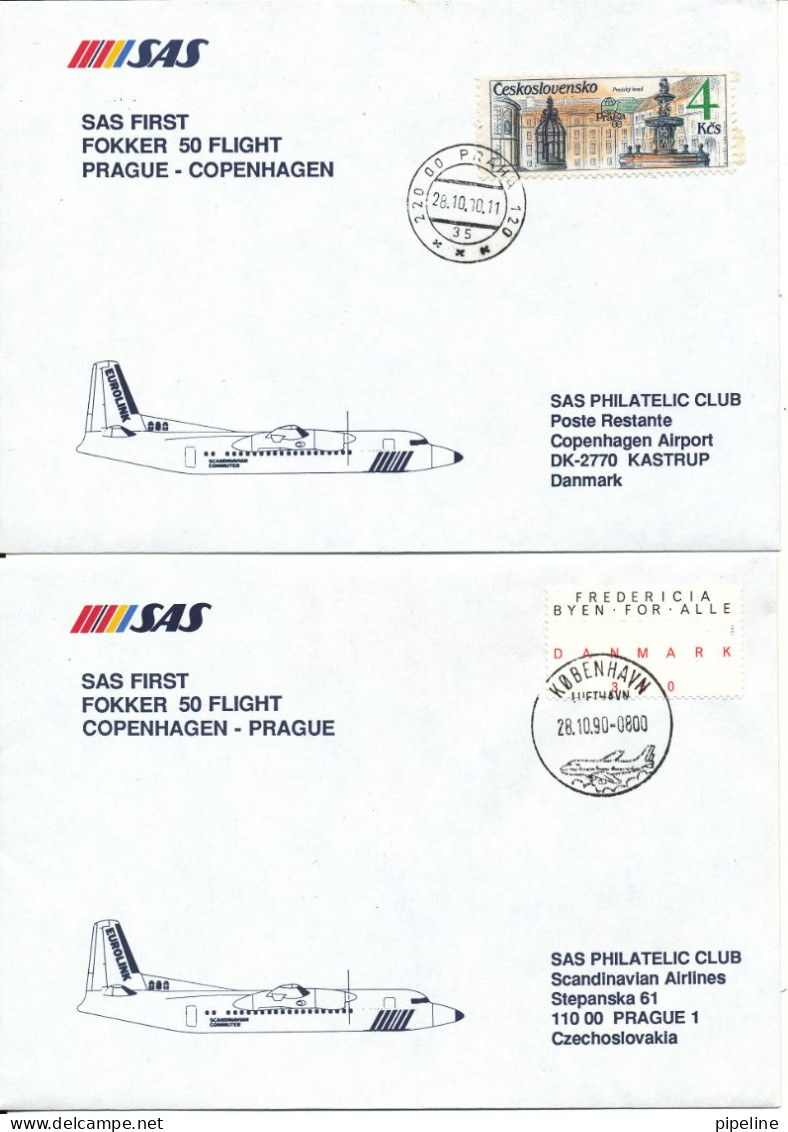 Denmark - Czechoslovakia SAS First Fokker 50 Flight Copenhagen - Prague 28-10-1990 And Return 2 Covers - Briefe U. Dokumente