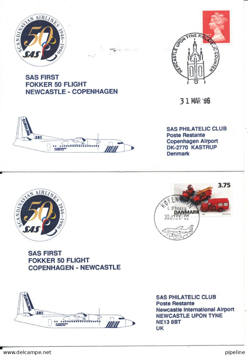 Denmark - Great Britain SAS First Fokker 50 Flight Copenhagen - Newcastle 30-3-1996 And Return 2 Covers - Lettres & Documents