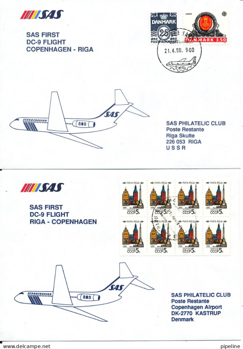 Denmark - Latvia (USSR) SAS First DC-9 Flight Copenhagen - Riga  21-4-1990 And Return 2 Covers - Storia Postale