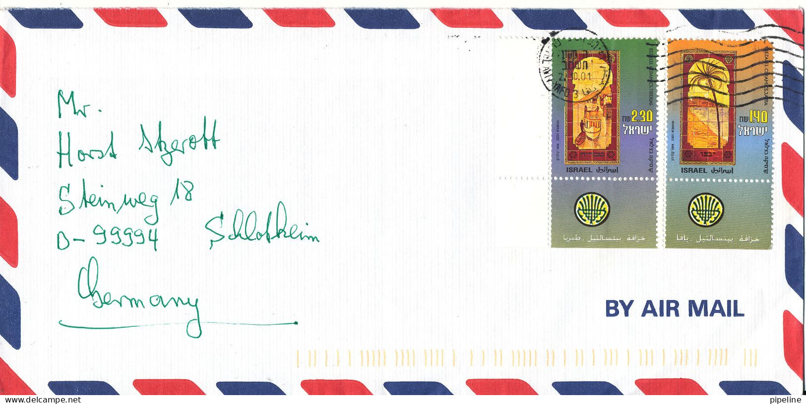 Israel Air Mail Cover Sent To Germany 22-10-2001 Topic Stamps With Tabs - Luchtpost
