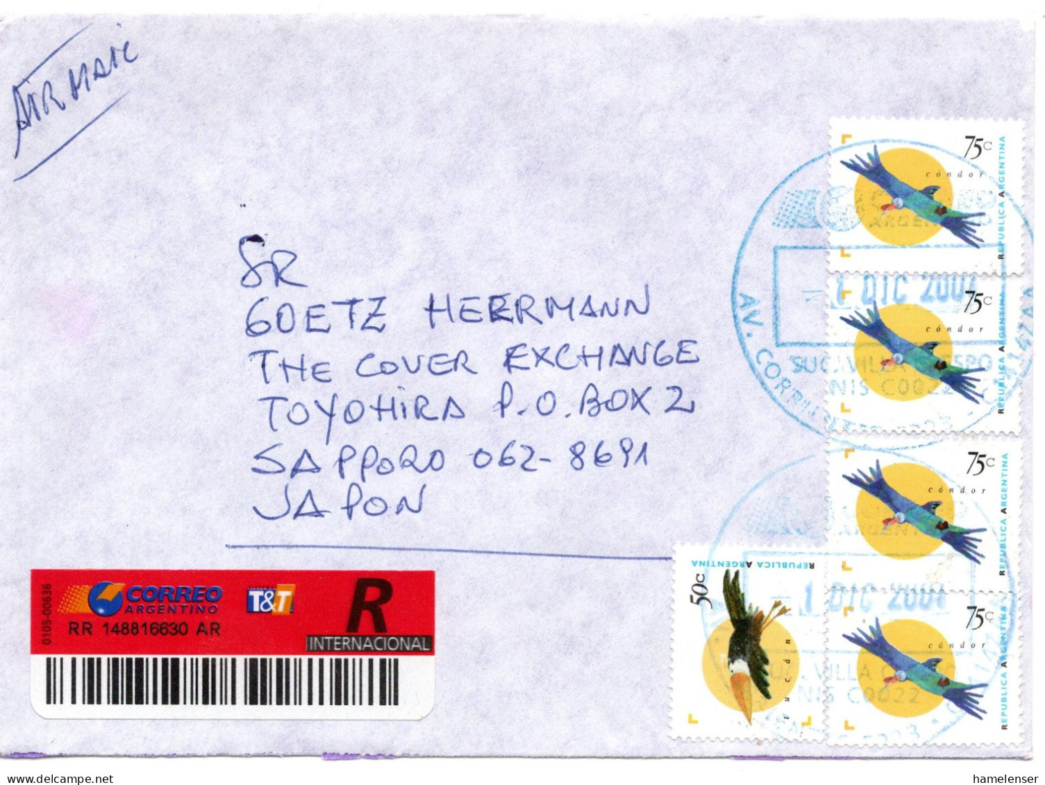 68045 - Argentinien - 2007 - 4@75c Condor MiF A R-LpBf ... -> Japan - Storia Postale