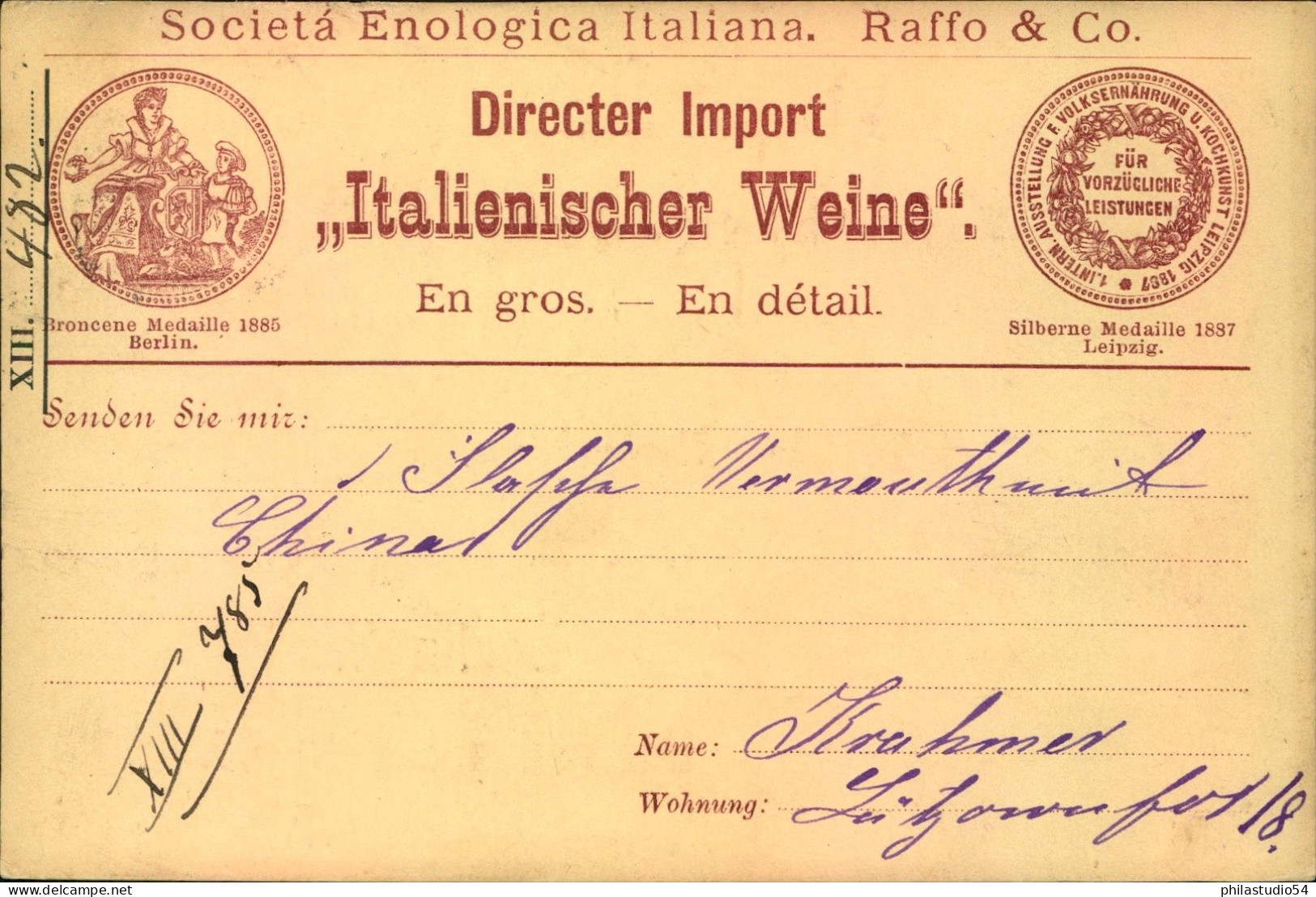 1887, PACKETFAHRT BERKIN: 2 Pf. Auf Offerten Karte Für Italienischen Wein - Posta Privata & Locale