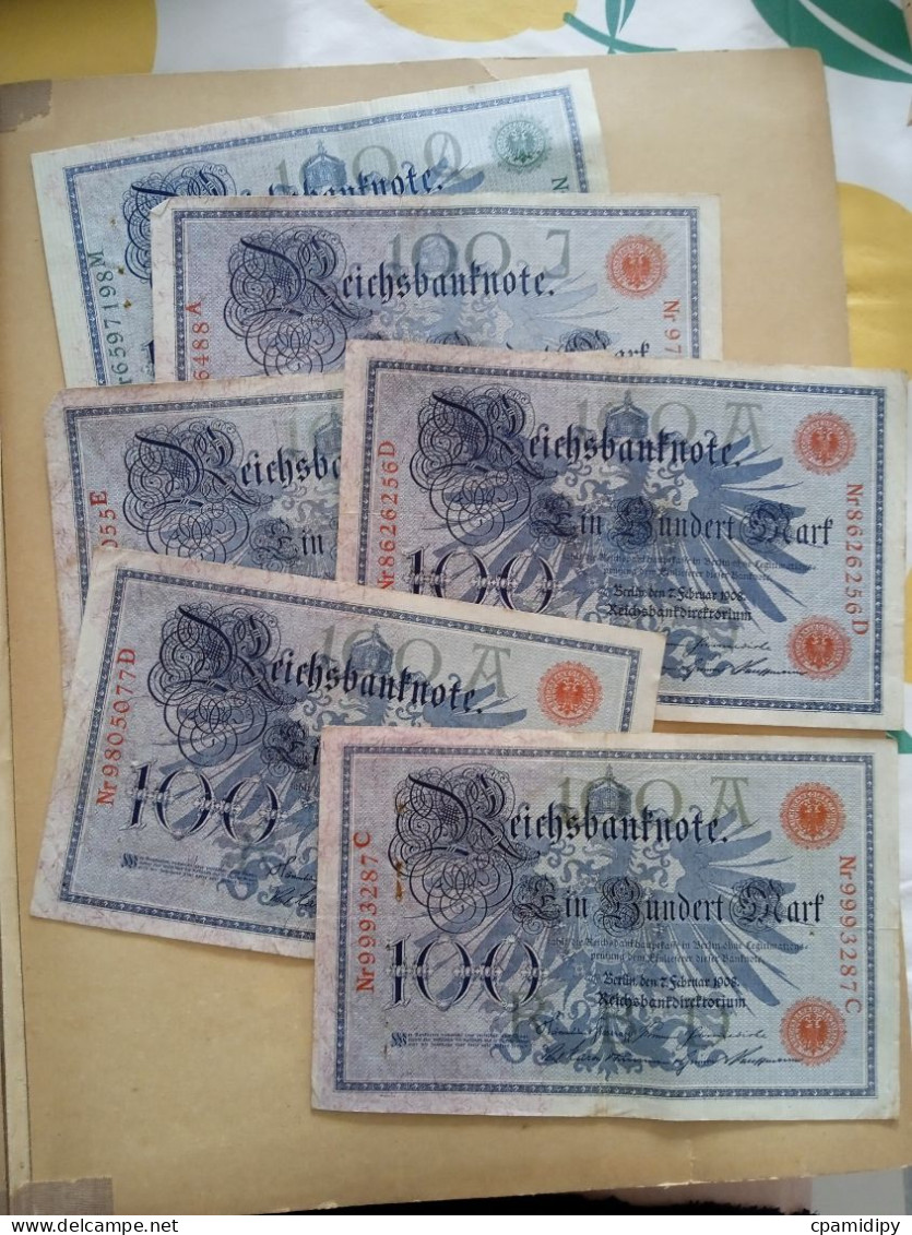Lot De 6 Billets Allemands De La Reichsbanknote 100 Mark De 1908 - Couleur Bleue - 100 Mark